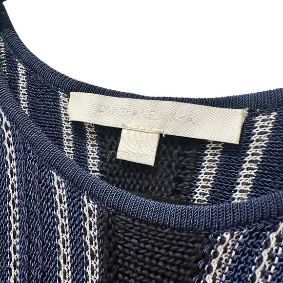 Jonathan Simkhai Navy Blue Striped Cold Shoulder Knit Crochet Peplum - Picture 6 of 8